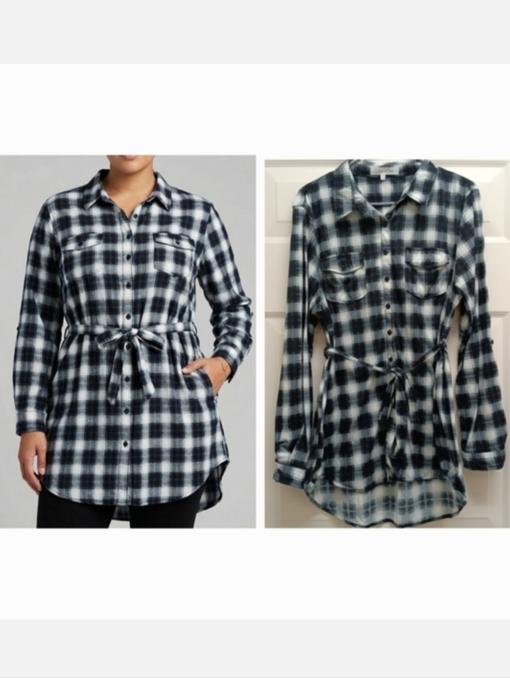 Eden & Olivia Button Front Tunic Top Plaid Black White XL Tie Waist Academia